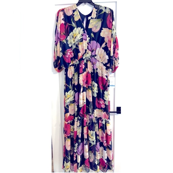 NWT Taylor Plus Size V-Neck Chiffon Elbow-Sleeve Maxi Dress Navy Lilac size 20W - Picture 9 of 12